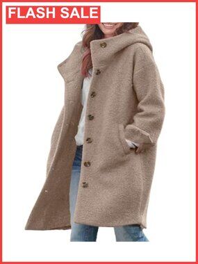 Wool Blend Hooded Trench Coat Button Front Knee Length Loose Fit Winter